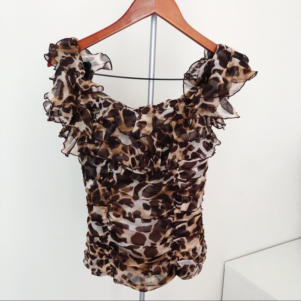 NWOT Leopard Print Sleeveless Ruched Ruffle Blouse
